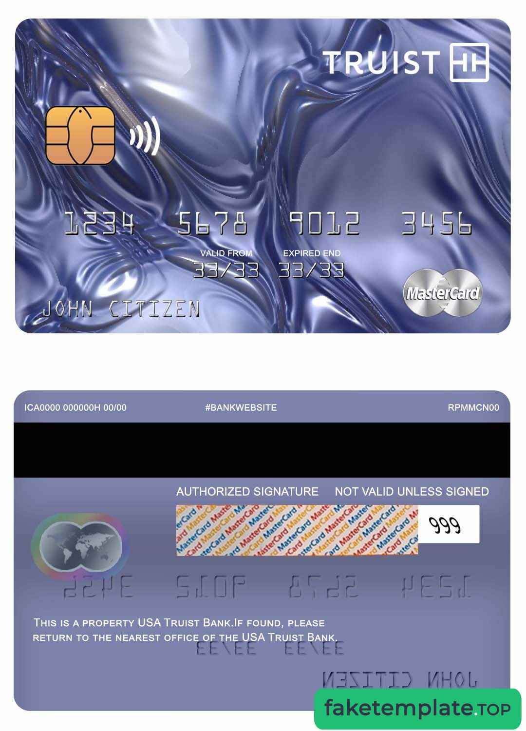 Feature of fake USA Truist Bank mastercard example